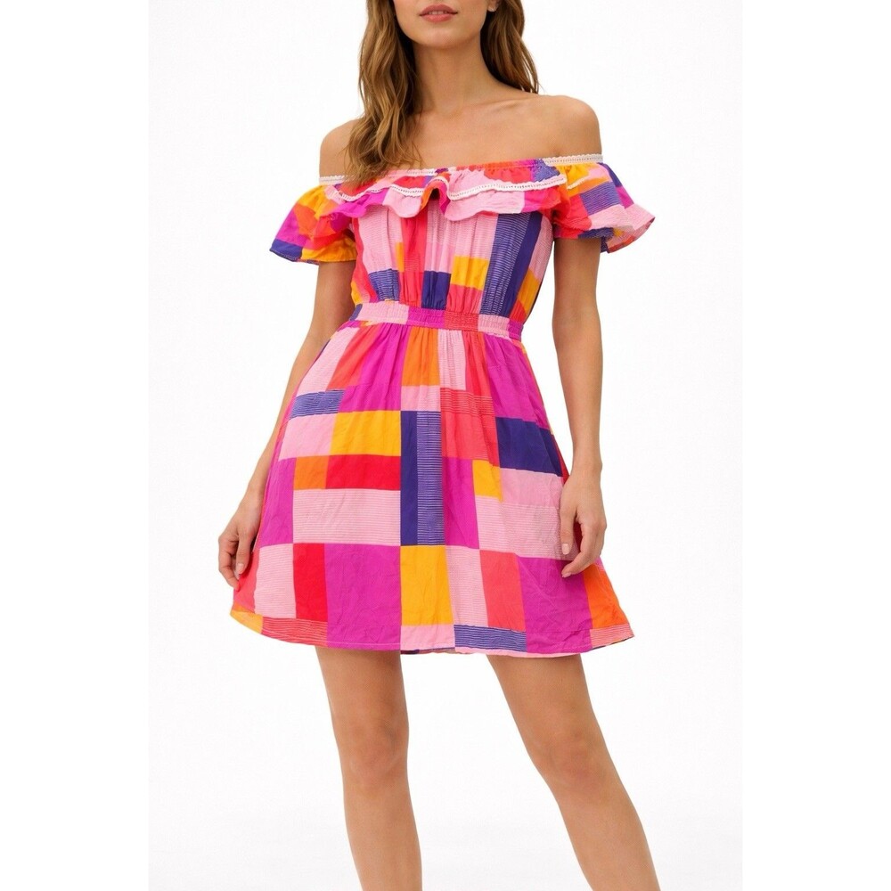 Emily Wonder Colorblock Patchwork Off Shoulder Dr… - image 1